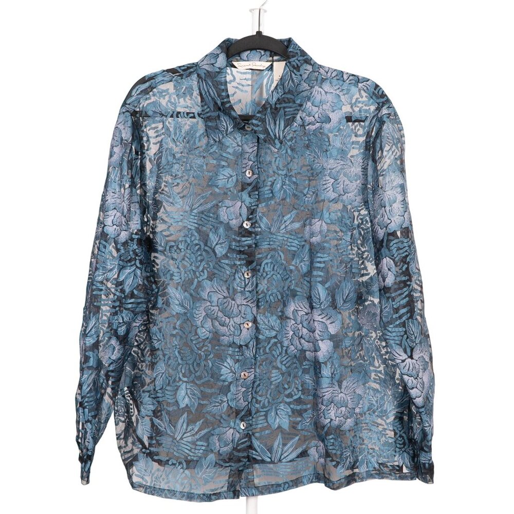 Sheer Blue Floral Button Up Shirt L Y2K Lace Fairy Whimsigoth Boho Collar Black